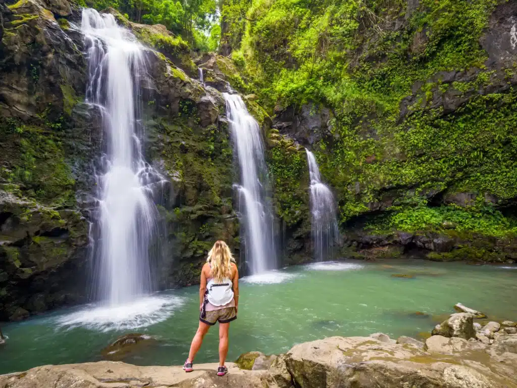 Woman Standing by Waikani Falls Maui